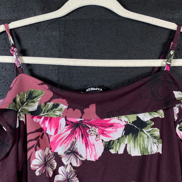 Express Womens Blouse Purple Multi Floral V Neck Cold Shoulder Crop Top Small - Picture 9 of 10